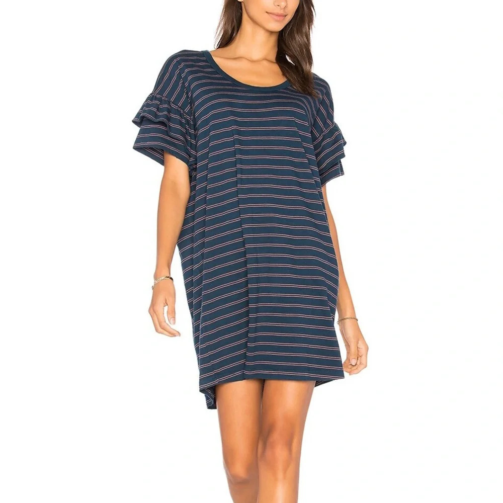 Current/Elliott The Ruffle Roadie Blue Wing Teal Split Stripe Dress 2 Medium